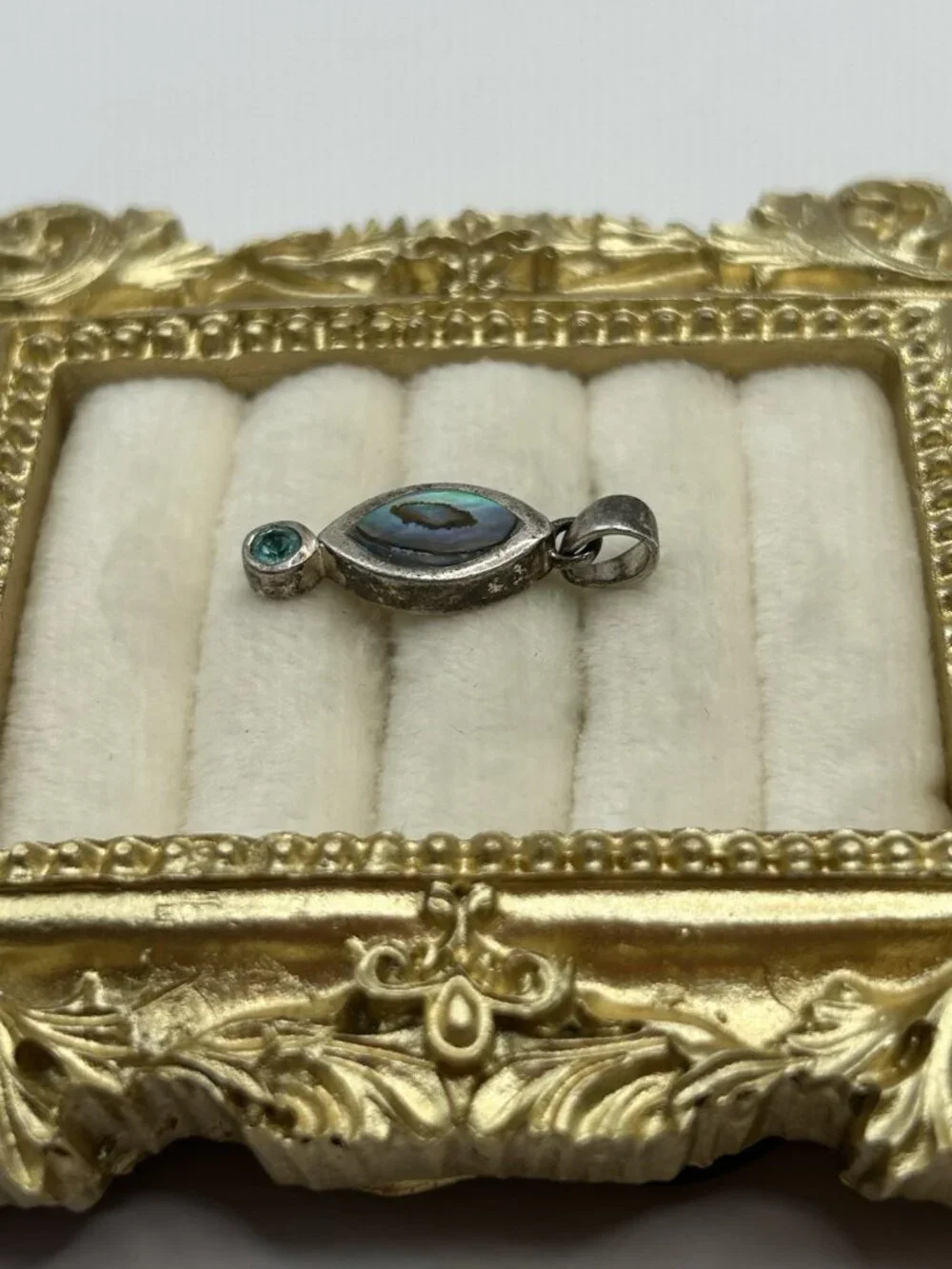 Vintage Sterling Silver Abalone Pendant Marquise Inlay Blue Stone Accent - Picture 3 of 12